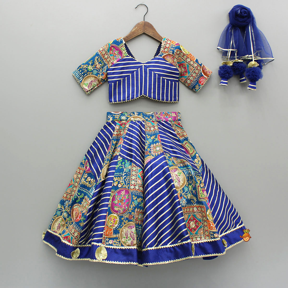 Pre Order: Gota Lace Detail Charming Blue Top And Lehenga With Net Dupatta