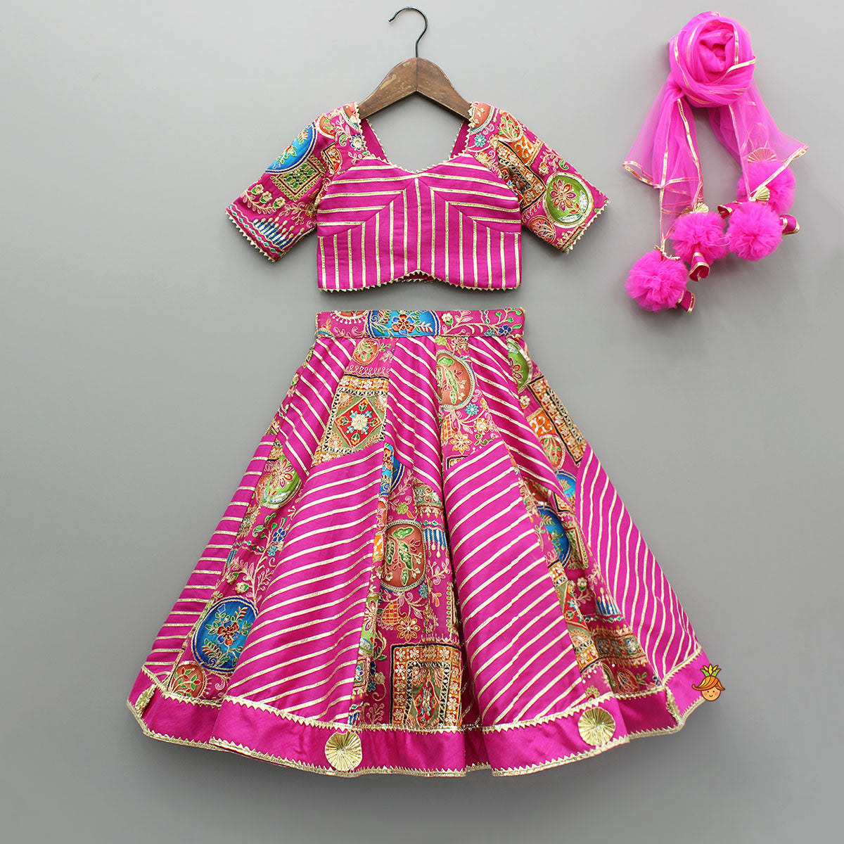 Pre Order: Pink Printed And Embroidered Top With Lehenga And Dupatta