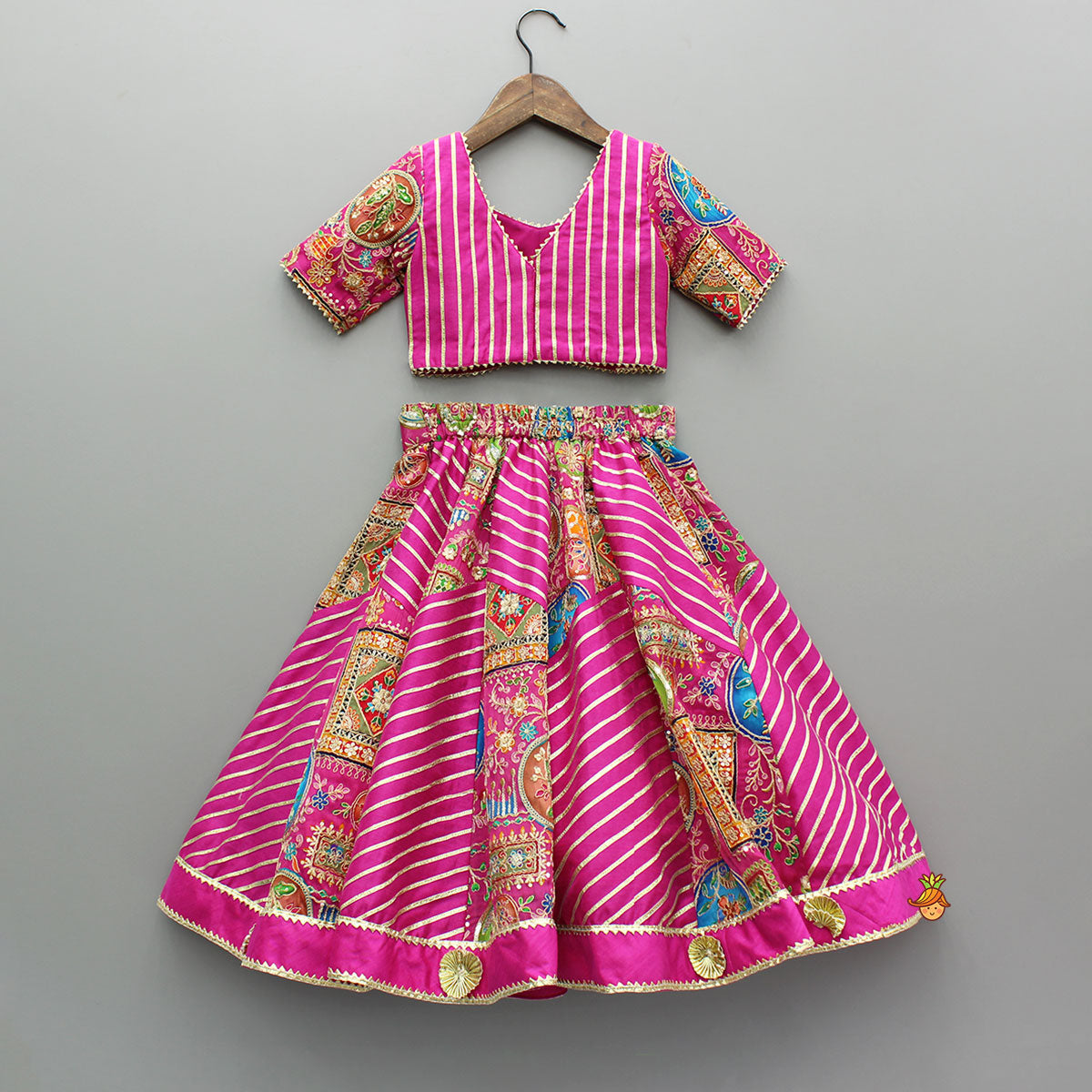 Pre Order: Pink Printed And Embroidered Top With Lehenga And Dupatta