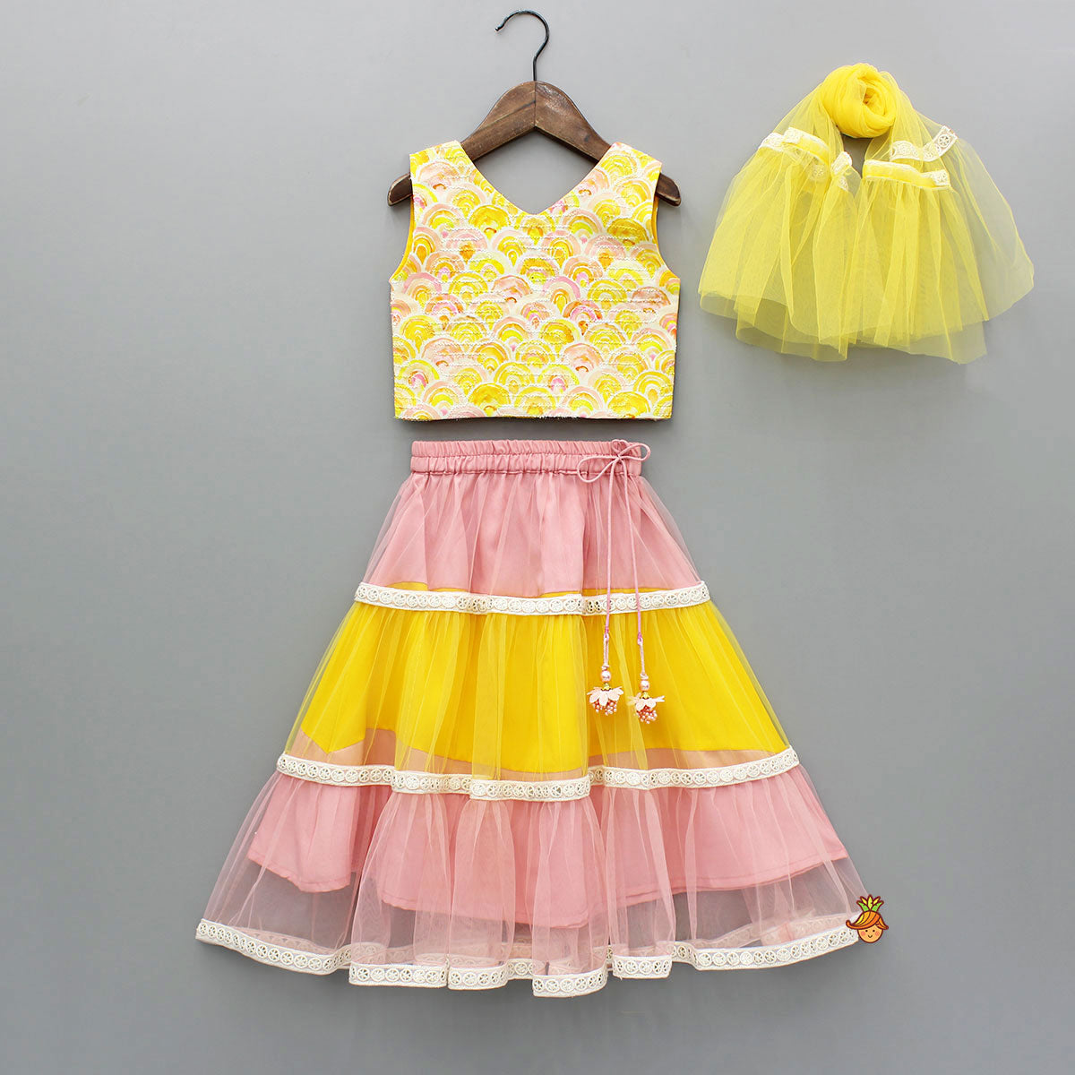 Yellow Printed Embroidered Top And Dual Tone Lehenga With Dupatta