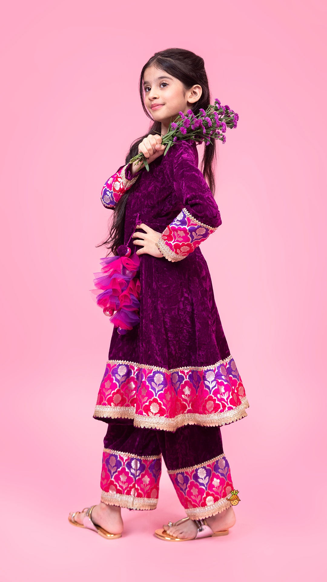 Pre Order: Purple Velvet Lace Detailed Kurti And Pant With Dupatta