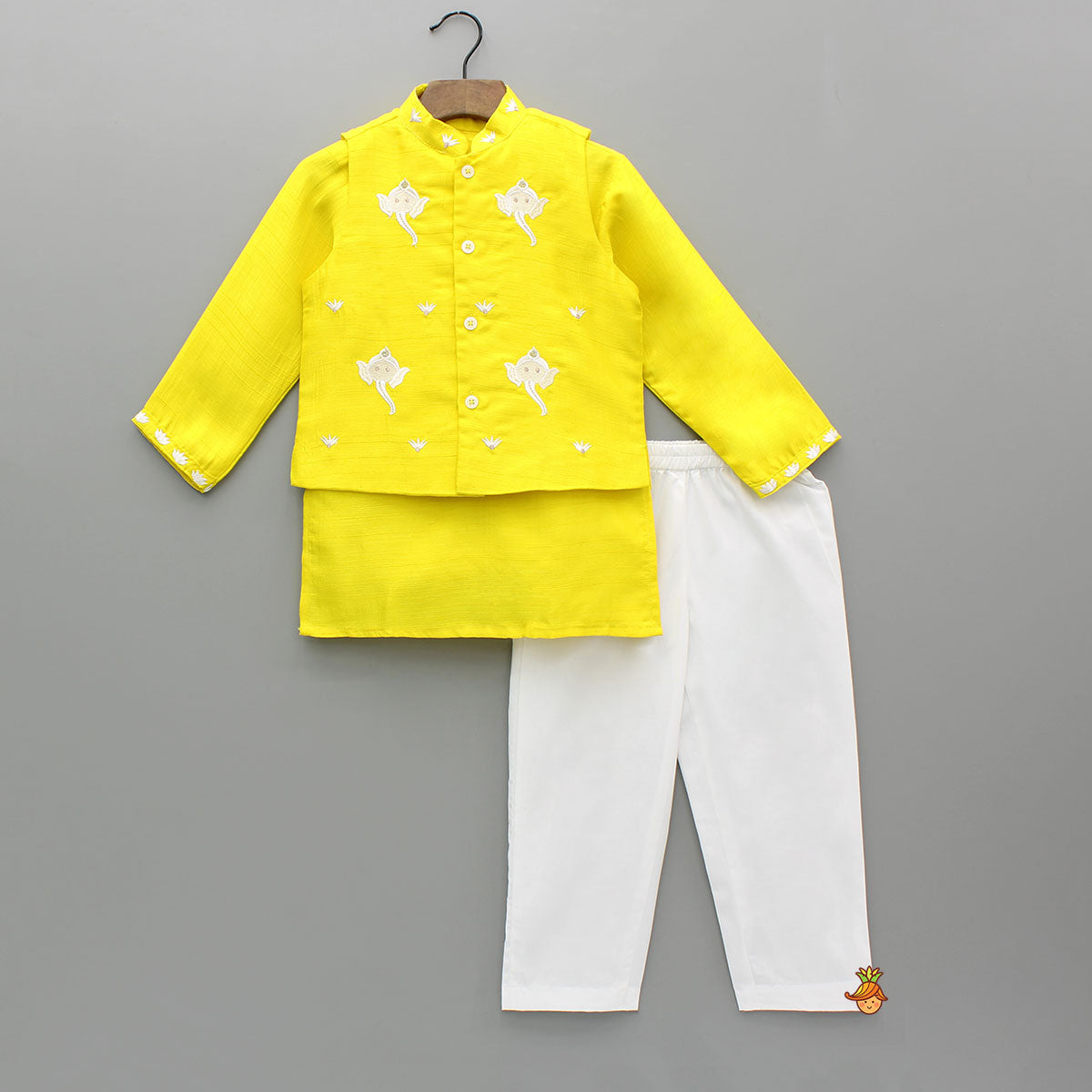 Yellow Ganpati Embroidered Jacket With Matching Kurta And Pyjama