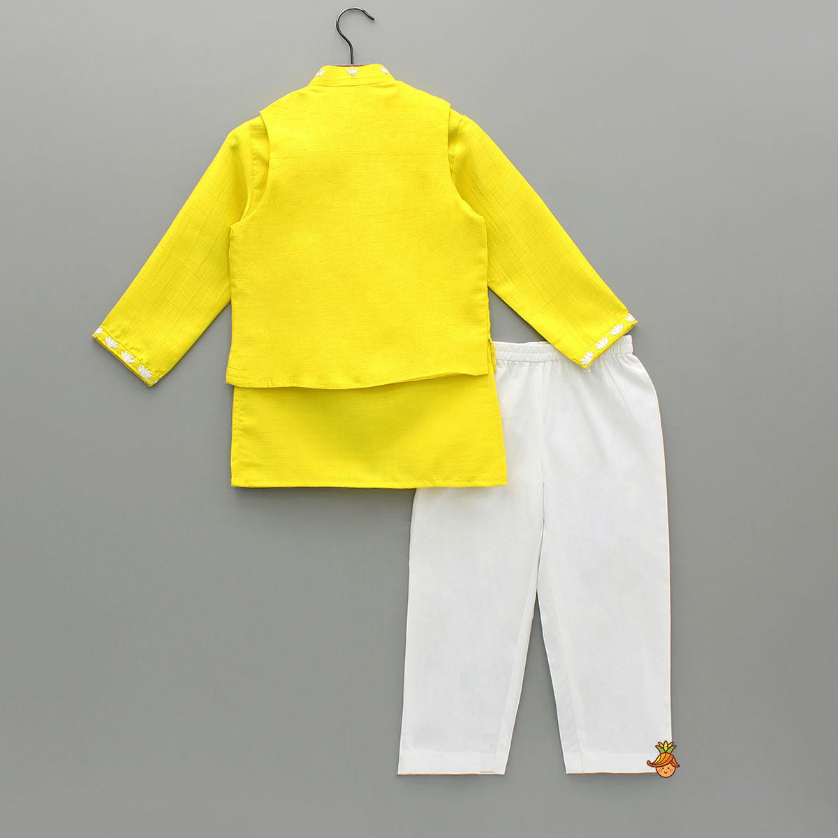 Yellow Ganpati Embroidered Jacket With Matching Kurta And Pyjama