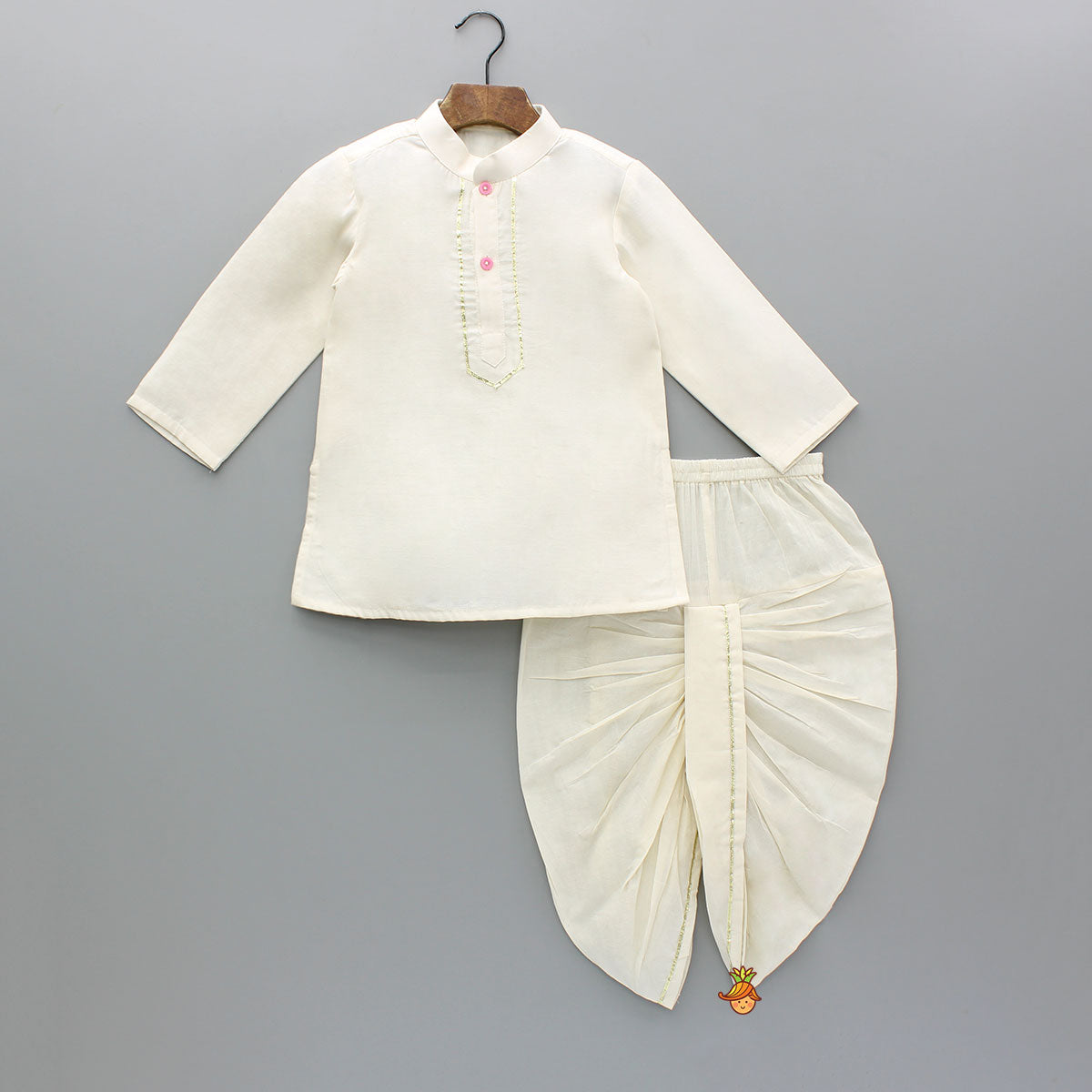 Cream Kurta And Bird Embroidered Jacket With Dhoti