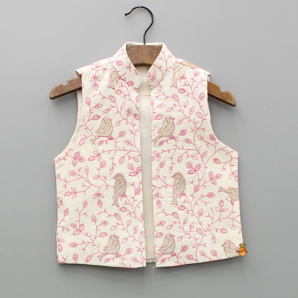 Cream Kurta And Bird Embroidered Jacket With Dhoti