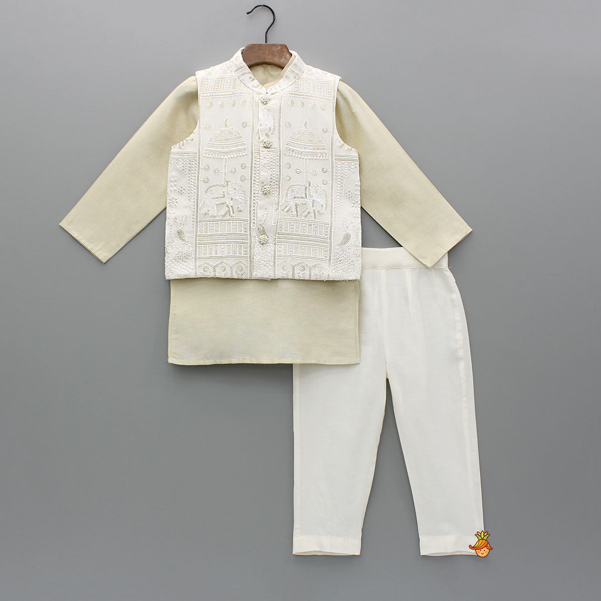 Pre Order: Beige Kurta With Embroidered Jacket And Pant