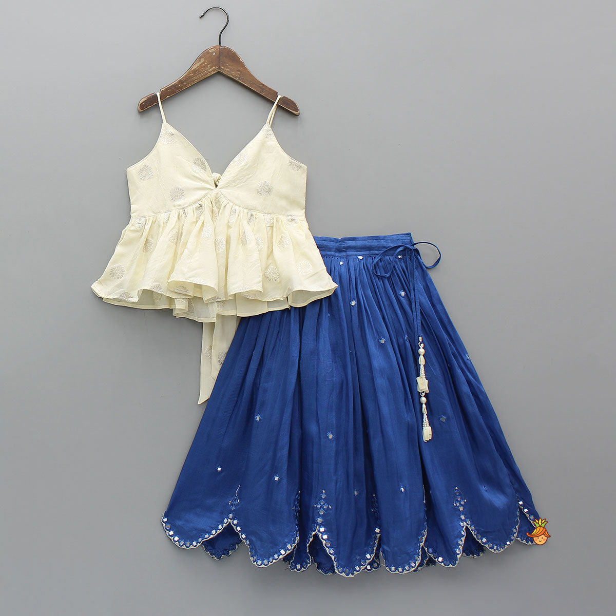 Pre Order: Off White Tie Up Strap Top And Faux Mirror Work Lehenga