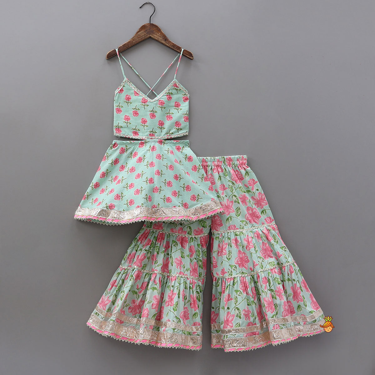 Pre Order: Floral Printed Stylish Backless Kurti With Sharara And Dupatta