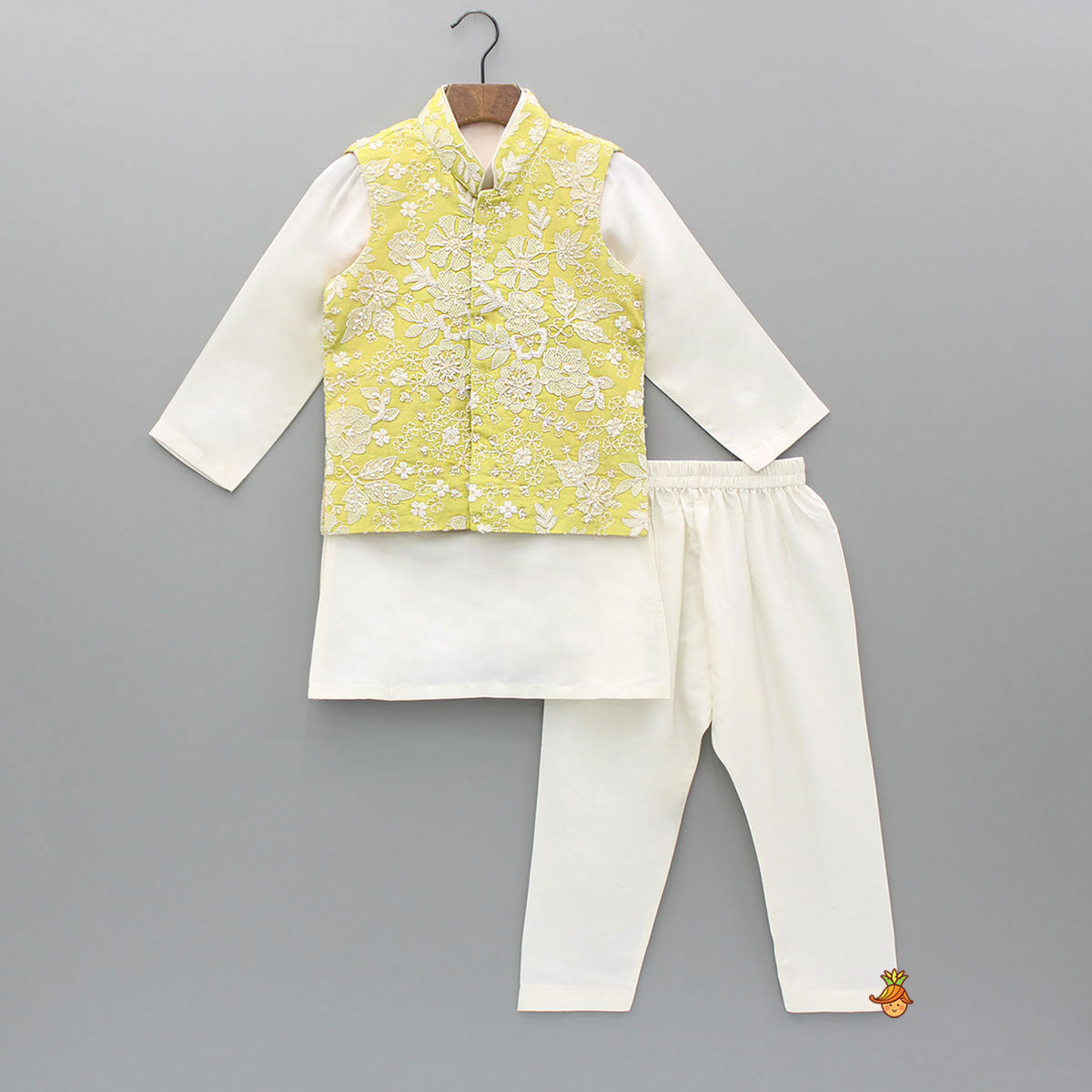 Pre Order: Yellow Embroidered Jacket With Off White Kurta And Pyjama