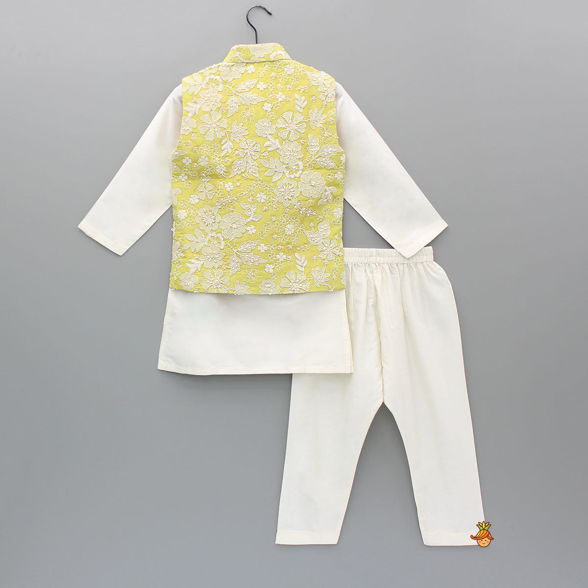 Pre Order: Yellow Embroidered Jacket With Off White Kurta And Pyjama