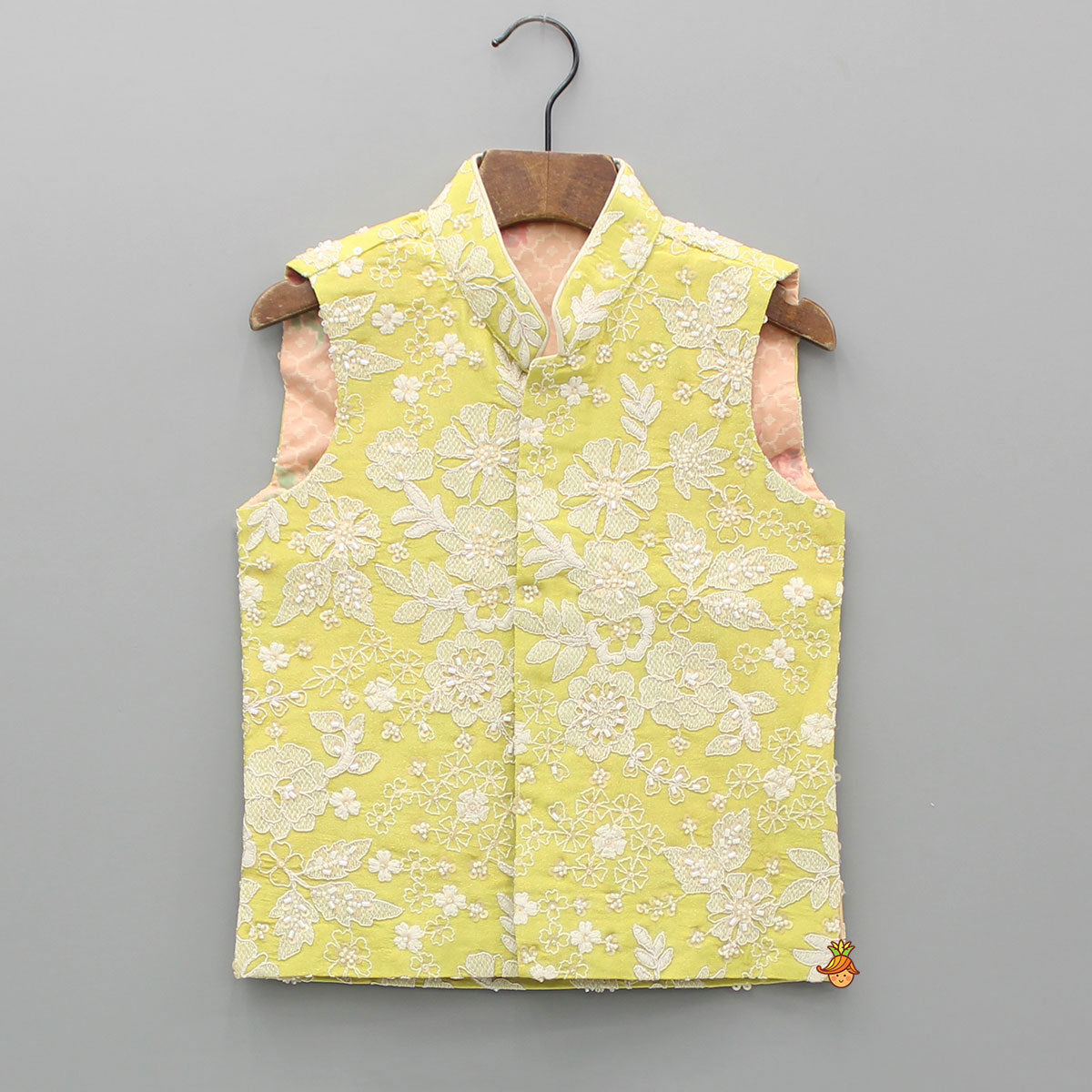 Pre Order: Yellow Embroidered Jacket With Off White Kurta And Pyjama