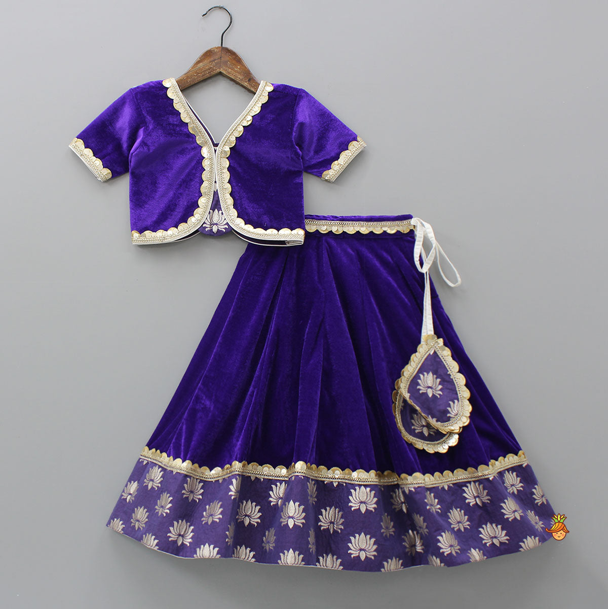 Pre Order: Purple Velvet Lace Detailed Top And Lehenga With Dupatta