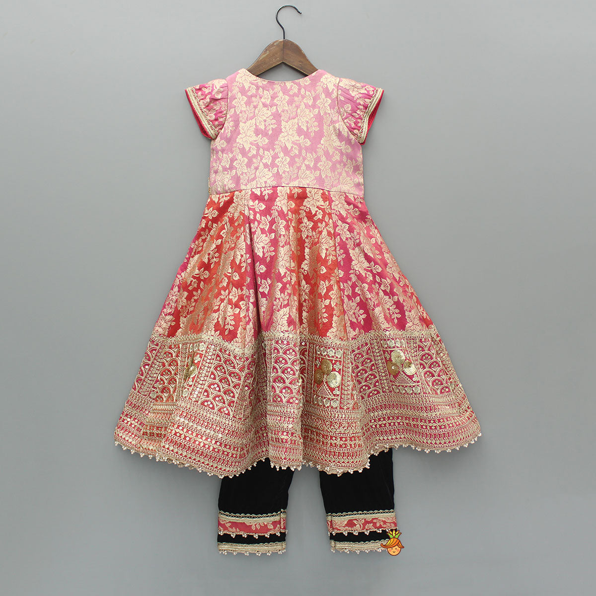 Pre Order: Pink Chanderi Embroidered Long Kurti And Black Velvet Pant