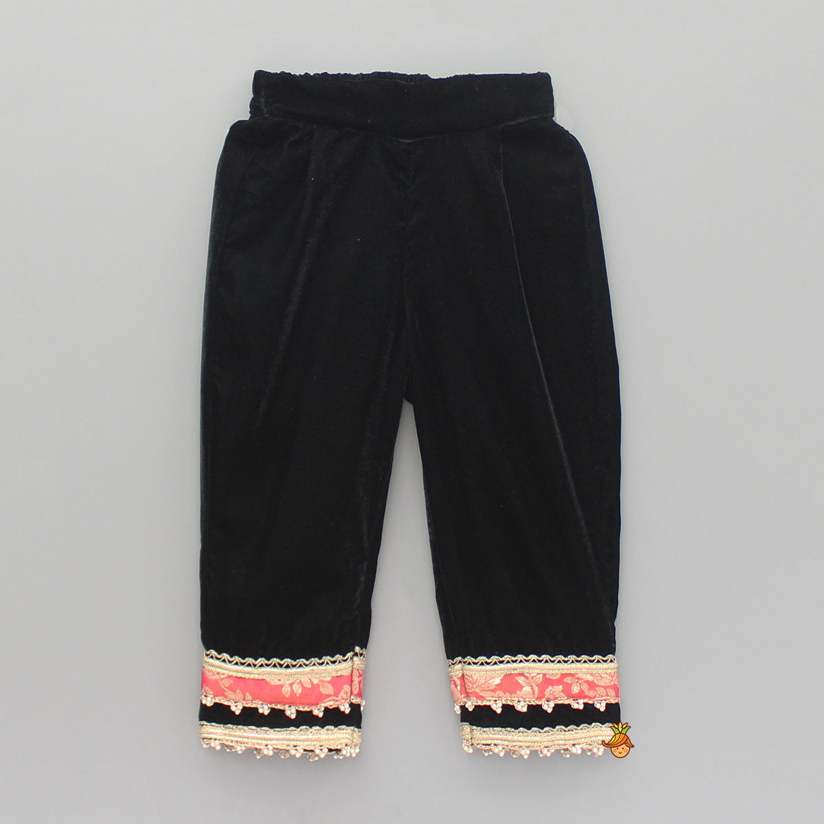 Pre Order: Pink Chanderi Embroidered Long Kurti And Black Velvet Pant