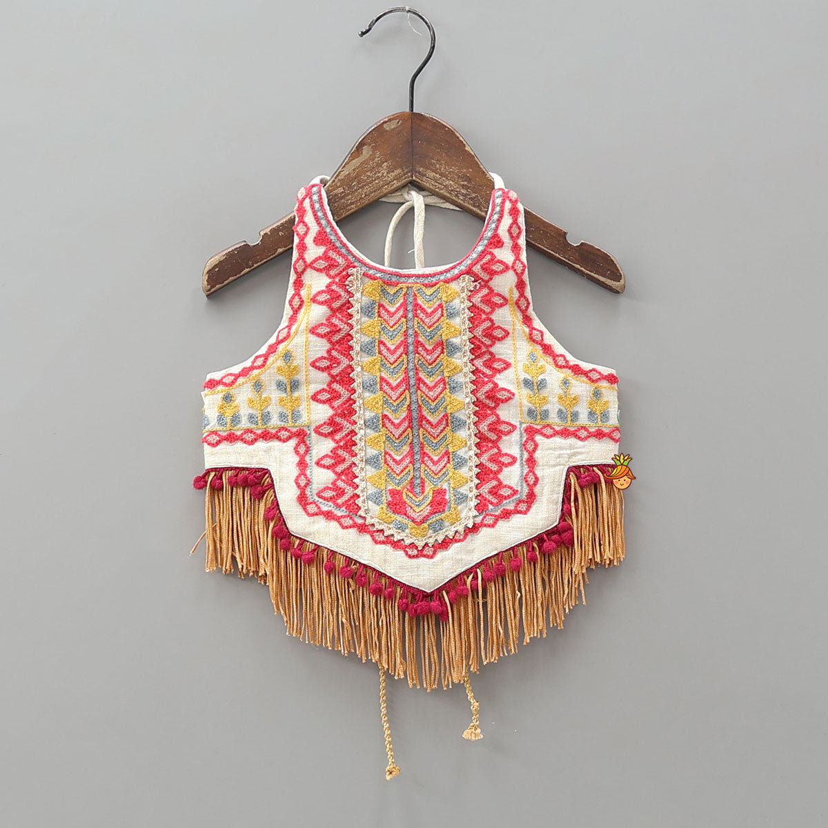 Thread Embroidered Halter Neck Top And Off White Lehenga