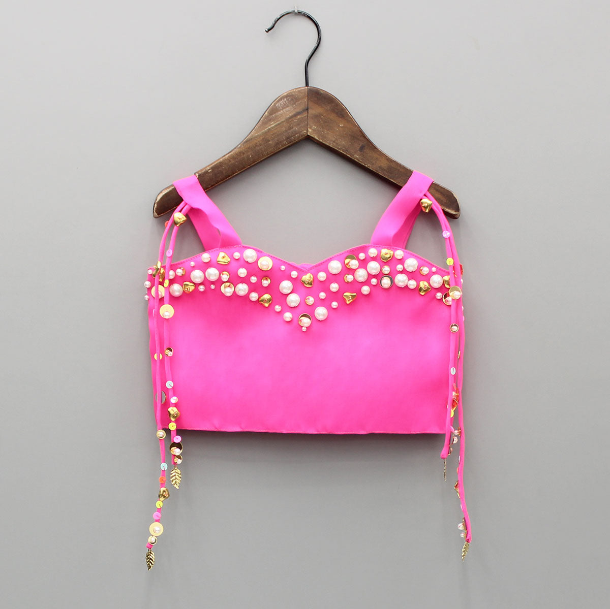 Pre Order: Pink Embellished Strappy Top And Printed Draped Skirt