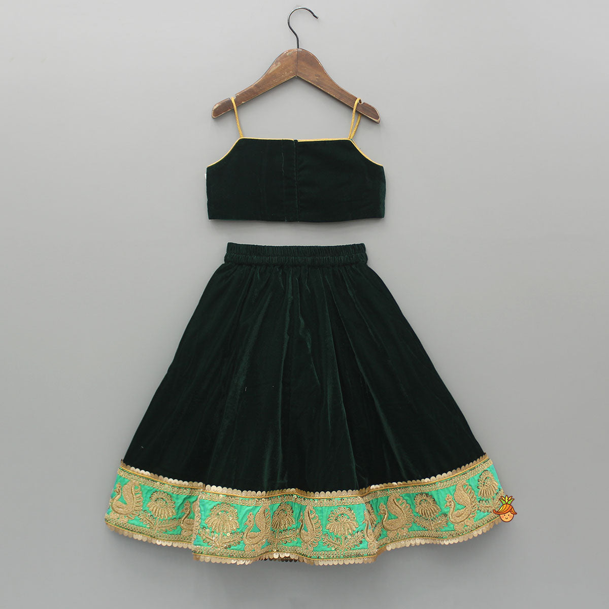 Pre Order: Green Velvet Embroidered Strappy Top And Lehenga With Fringed Dupatta