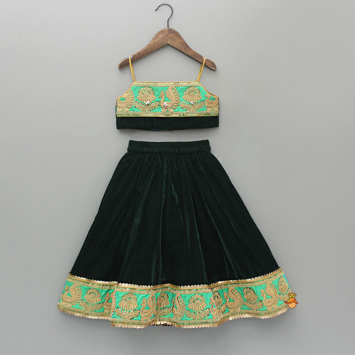 Pre Order: Green Velvet Embroidered Strappy Top And Lehenga With Fringed Dupatta