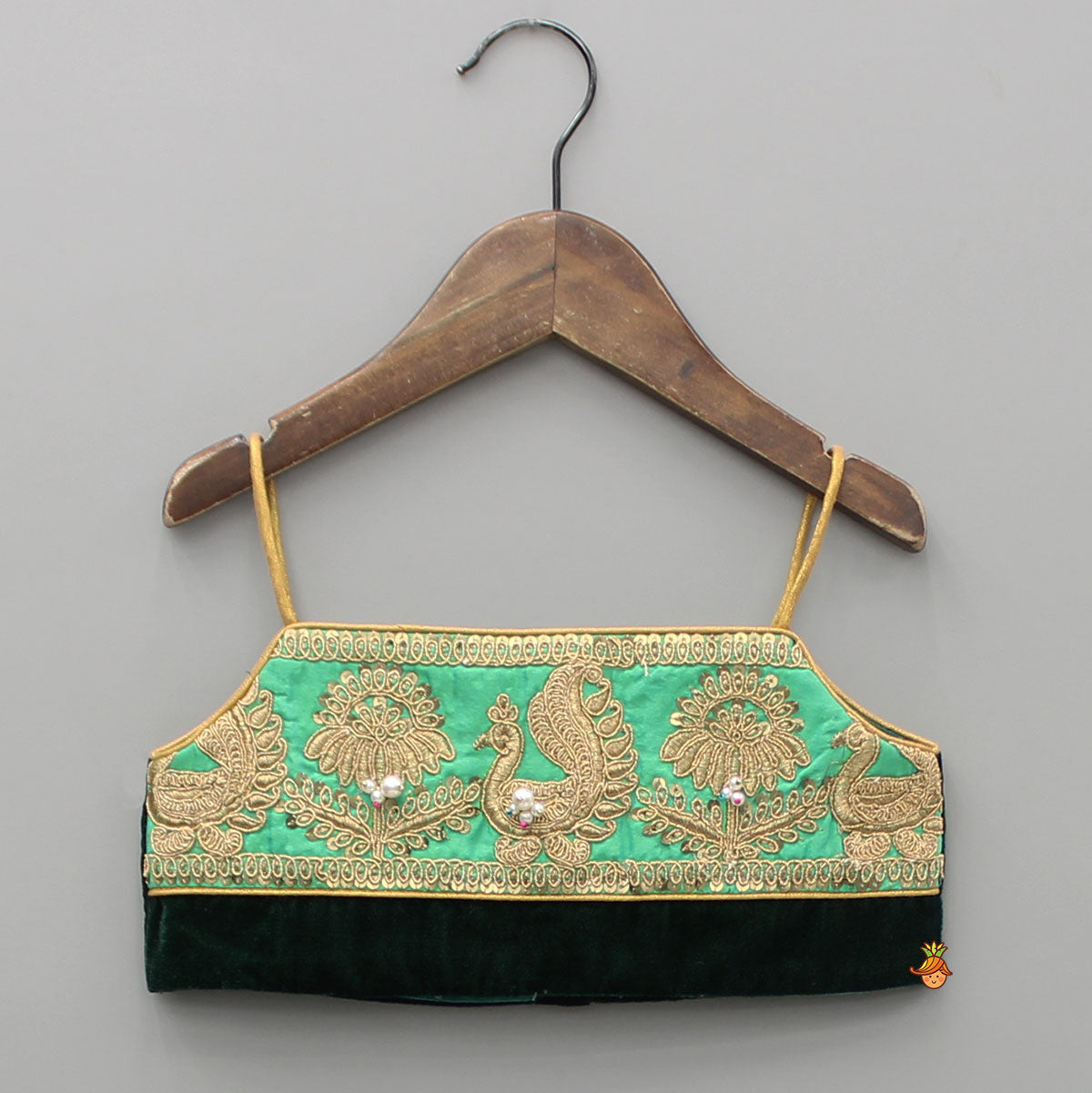Pre Order: Green Velvet Embroidered Strappy Top And Lehenga With Fringed Dupatta