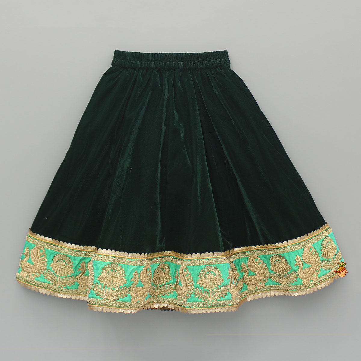 Pre Order: Green Velvet Embroidered Strappy Top And Lehenga With Fringed Dupatta