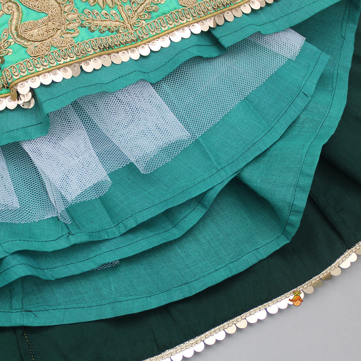 Pre Order: Green Velvet Embroidered Strappy Top And Lehenga With Fringed Dupatta
