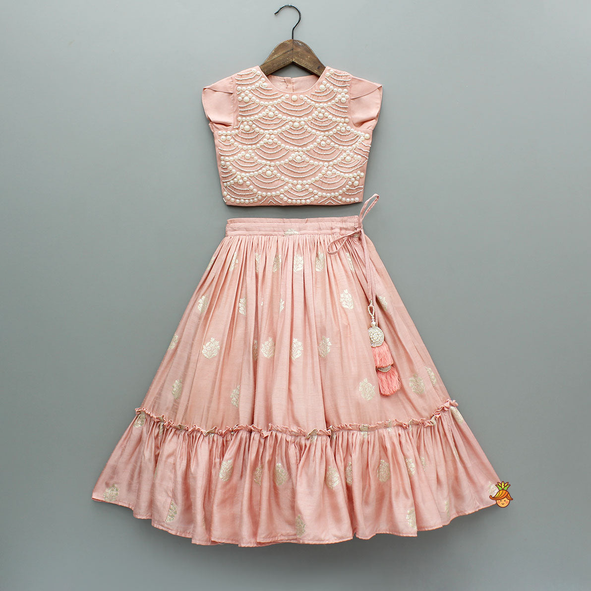 Pre Order: Embellished Peach Top And Brocade Lehenga