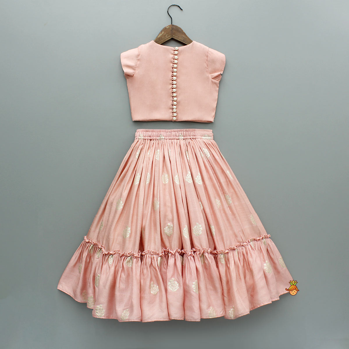 Pre Order: Embellished Peach Top And Brocade Lehenga