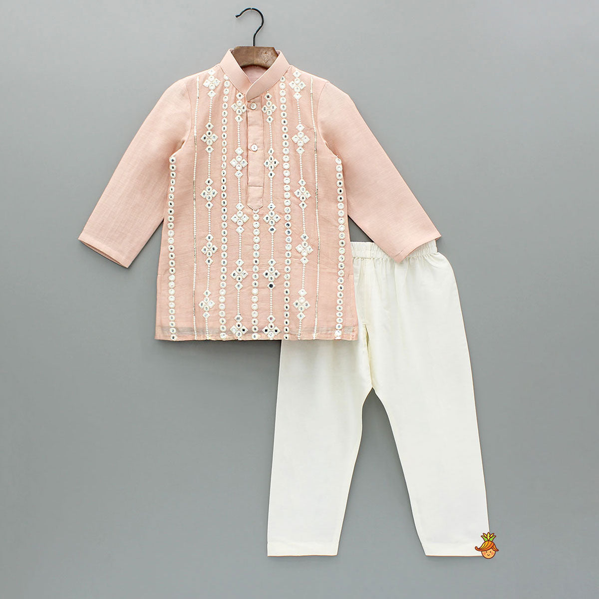 Pre Order: Embroidered Faux Mirror Work Peach Kurta And Pyjama