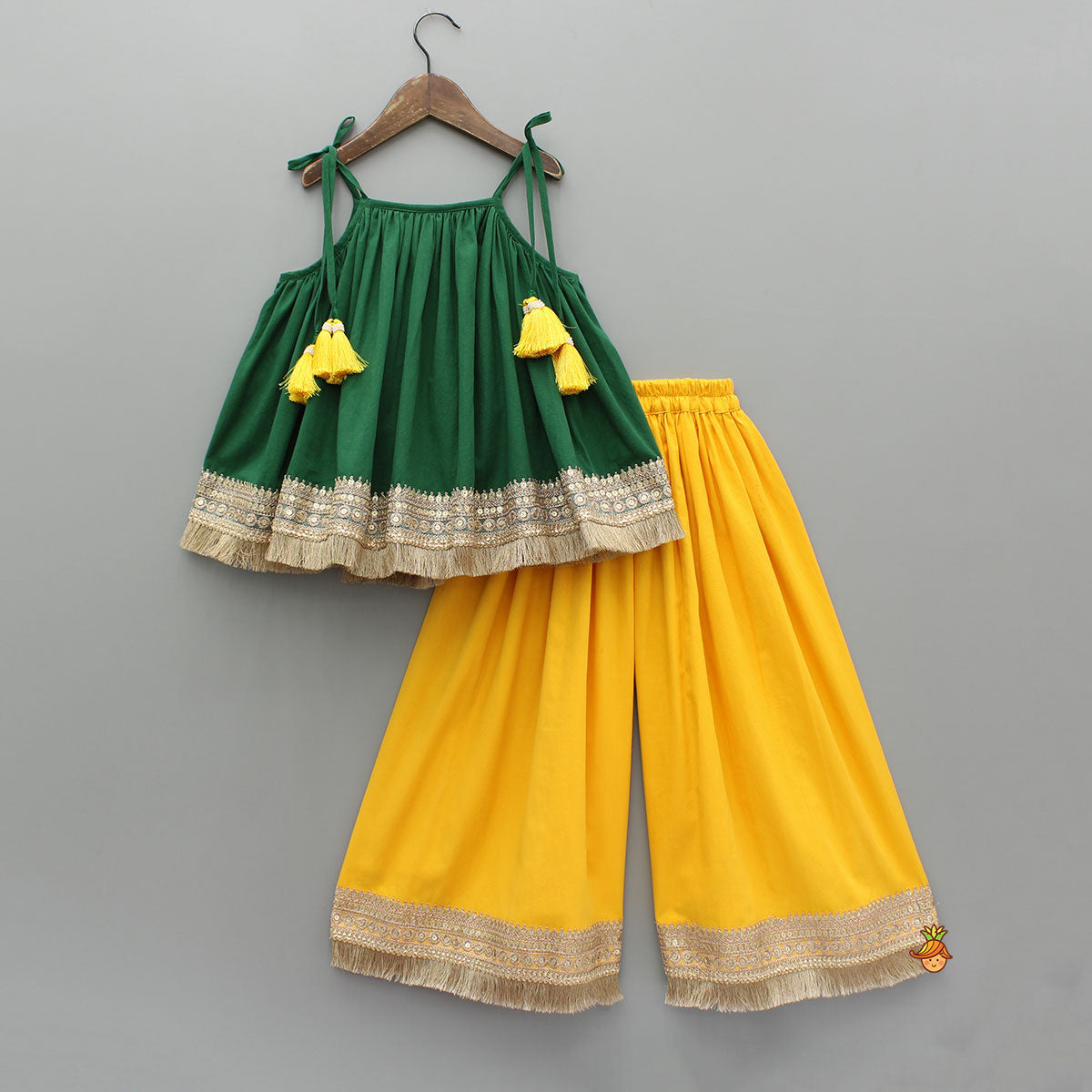 Pre Order: Green Tie Up Strap Top And Flared Palazzo