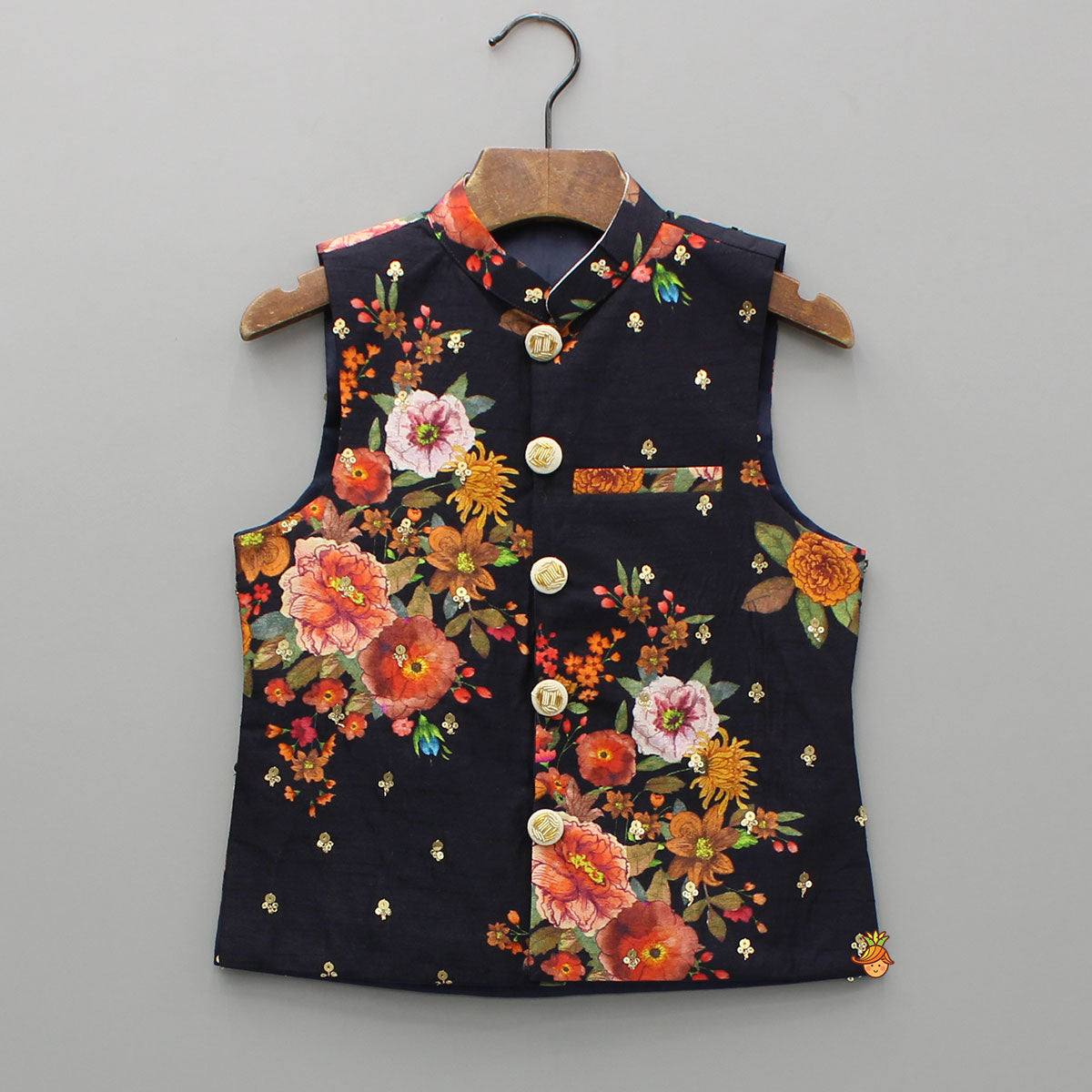 Pre Order: Black Kurta And Floral Printed Embroidered Jacket With Pyjama