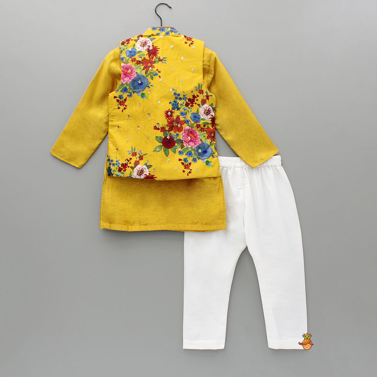 Pre Order: Mustard Kurta And Floral Printed Embroidered Jacket With Pyjama