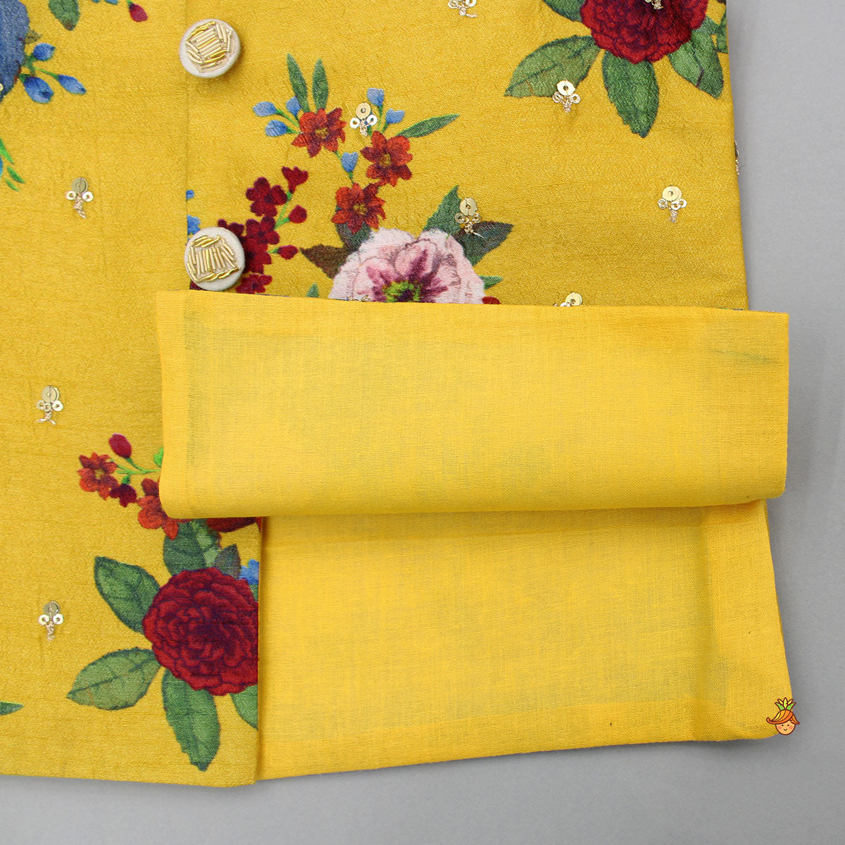 Pre Order: Mustard Kurta And Floral Printed Embroidered Jacket With Pyjama