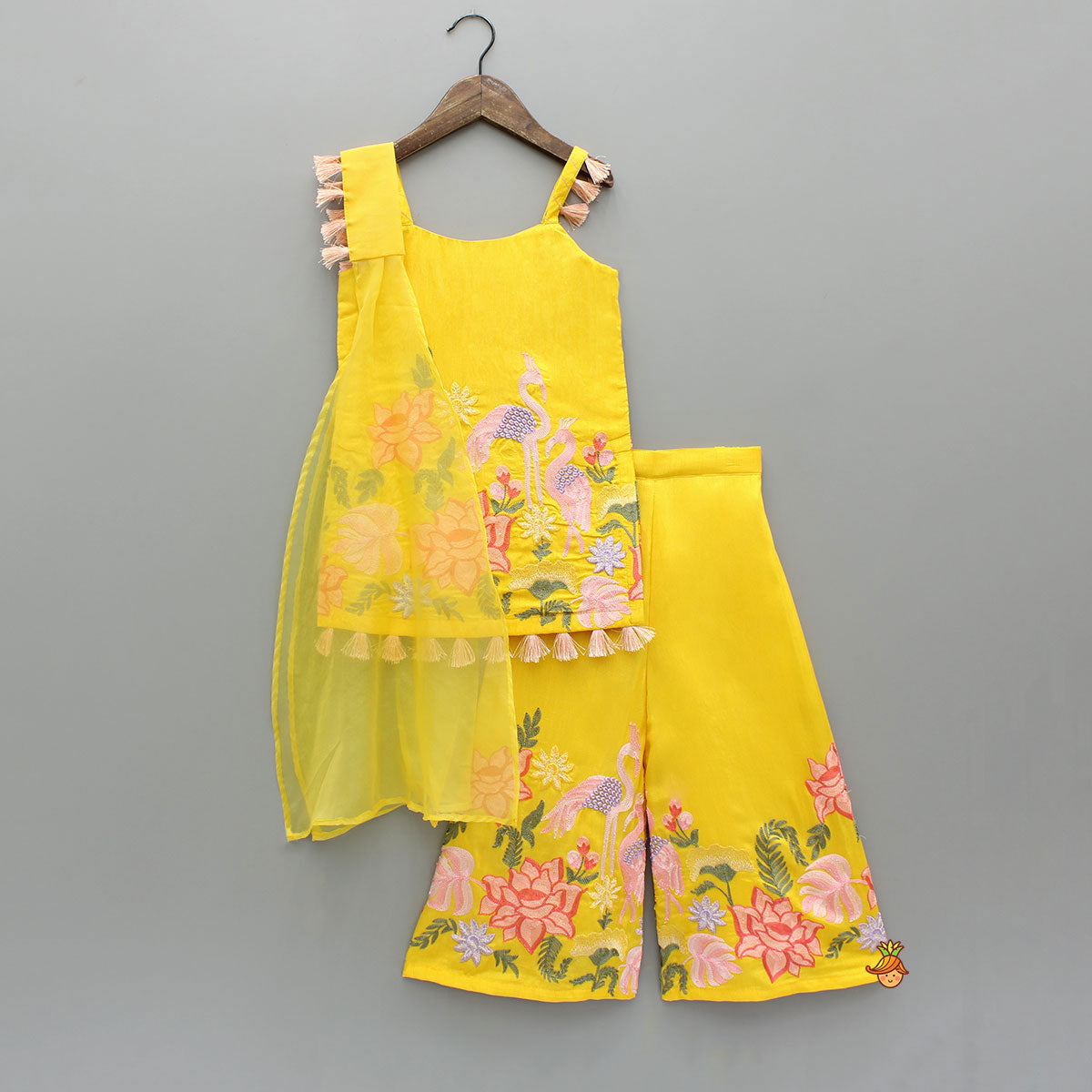 Pre Order: Yellow Embroidered Strappy Kurti And Flared Palazzo With Dupatta