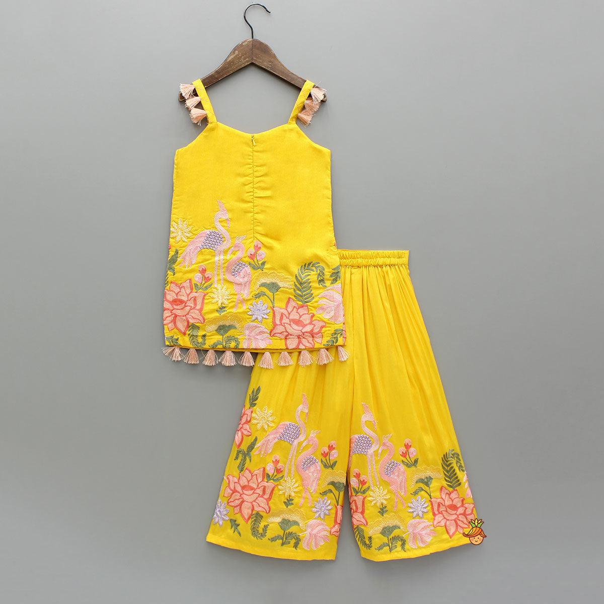 Pre Order: Yellow Embroidered Strappy Kurti And Flared Palazzo With Dupatta