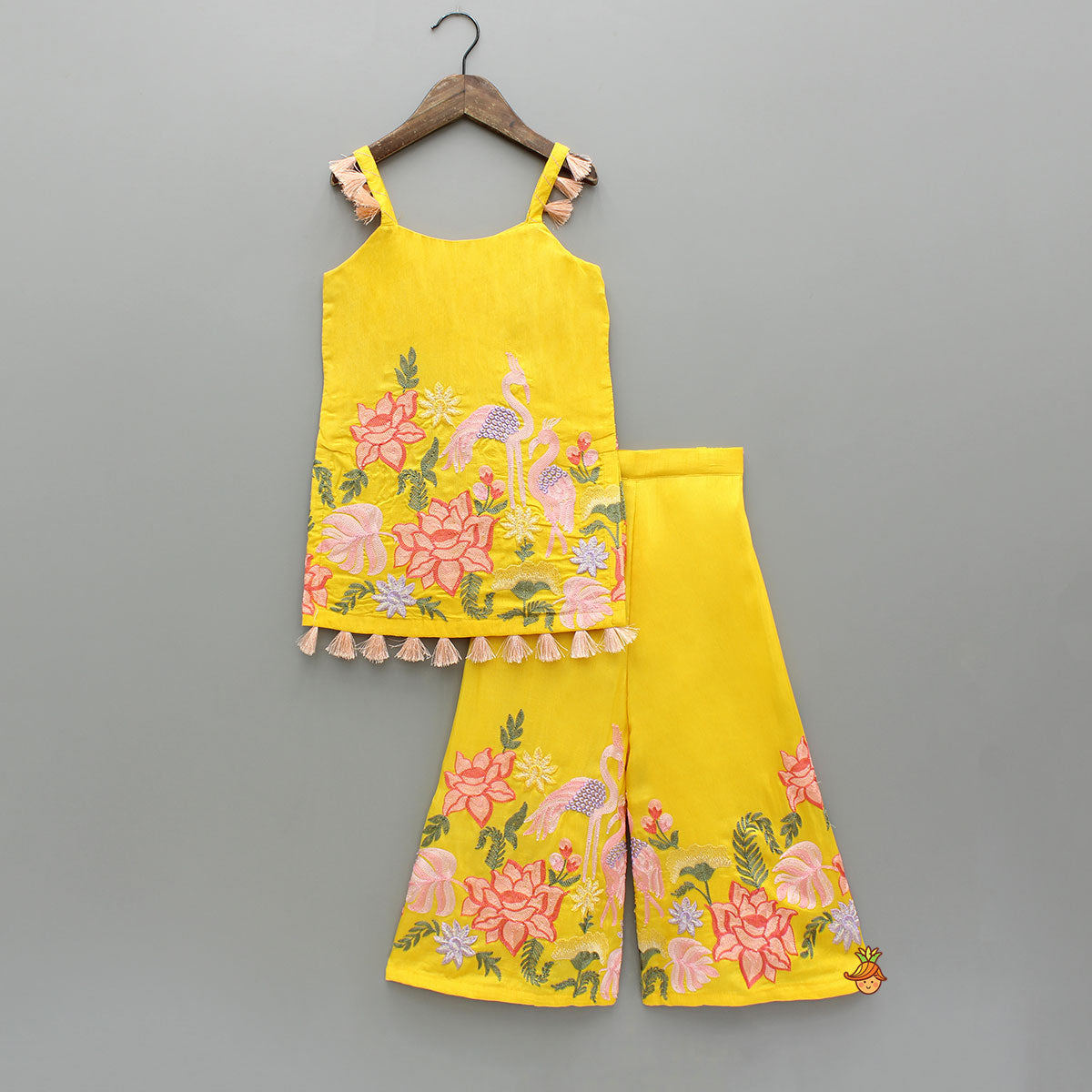 Pre Order: Yellow Embroidered Strappy Kurti And Flared Palazzo With Dupatta