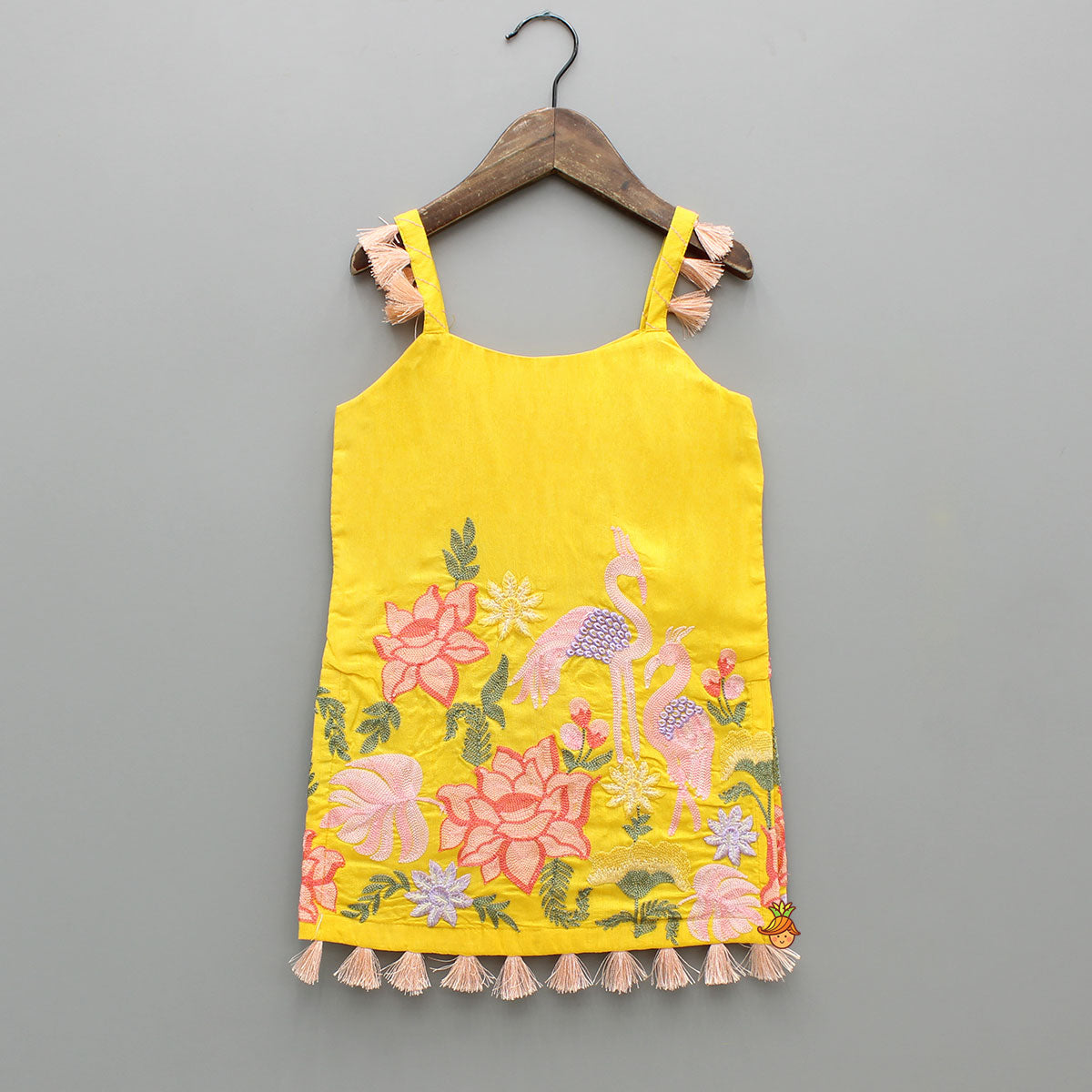 Pre Order: Yellow Embroidered Strappy Kurti And Flared Palazzo With Dupatta