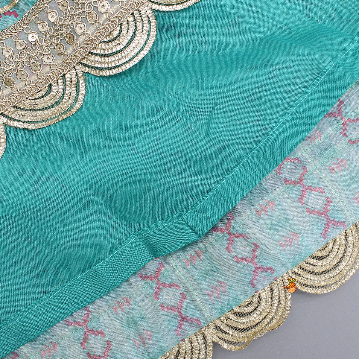 Pre Order: Green Chanderi Gota Lace Work Top And Lehenga With Matching Hairband