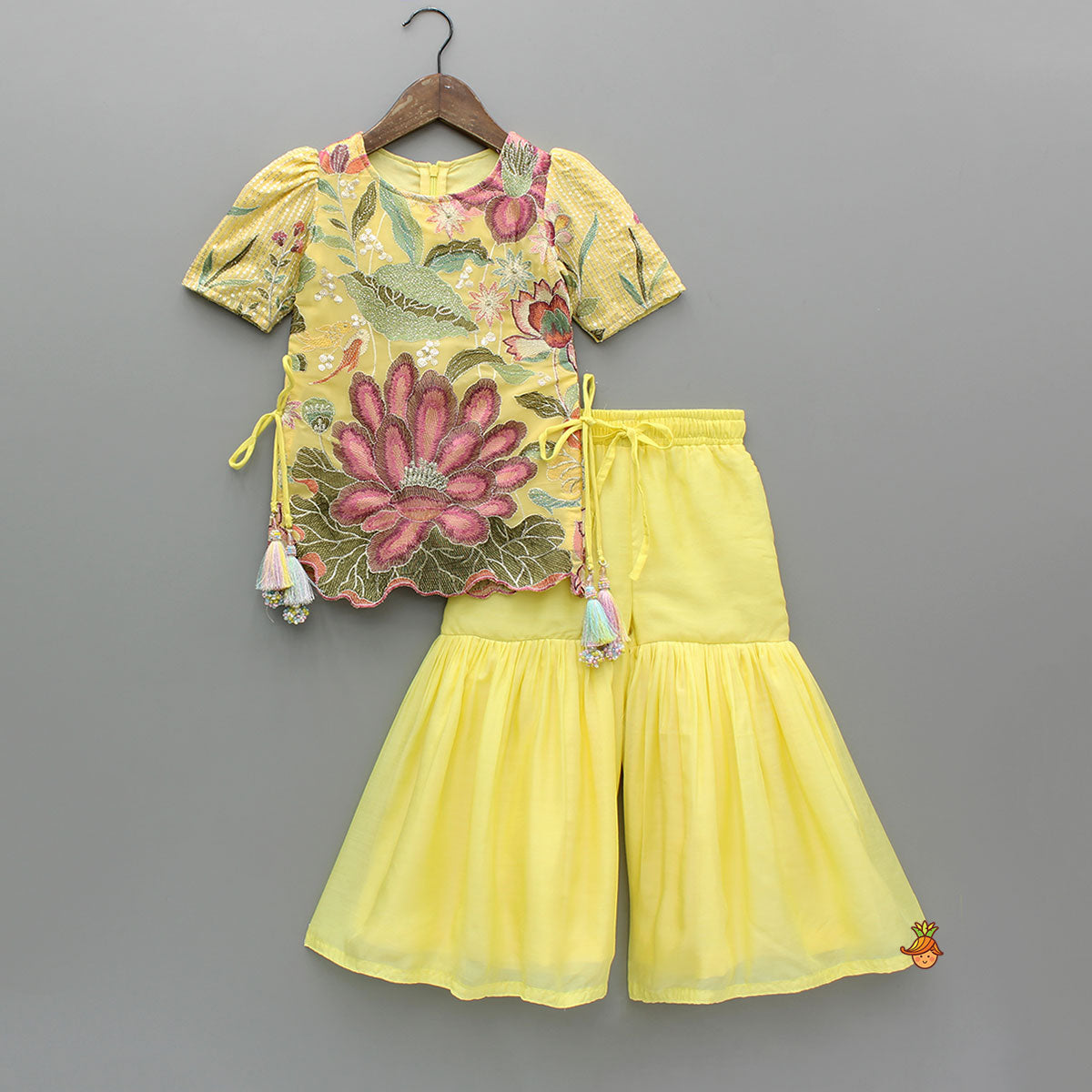 Pre Order: Yellow Floral Embroidered Kurti And Sharara