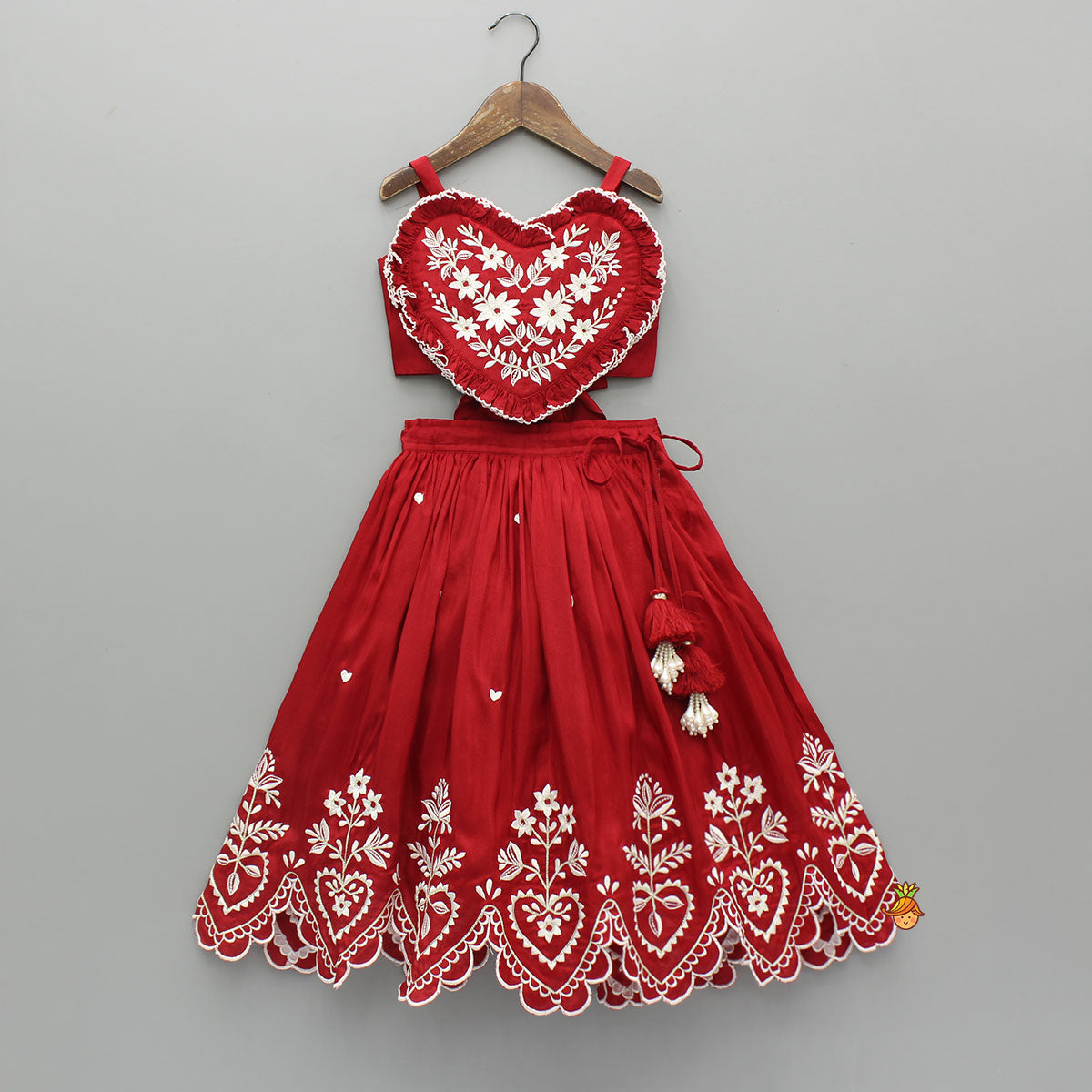 Pre Order: Red Embroidered Heart Shaped Stylish Top And Lehenga