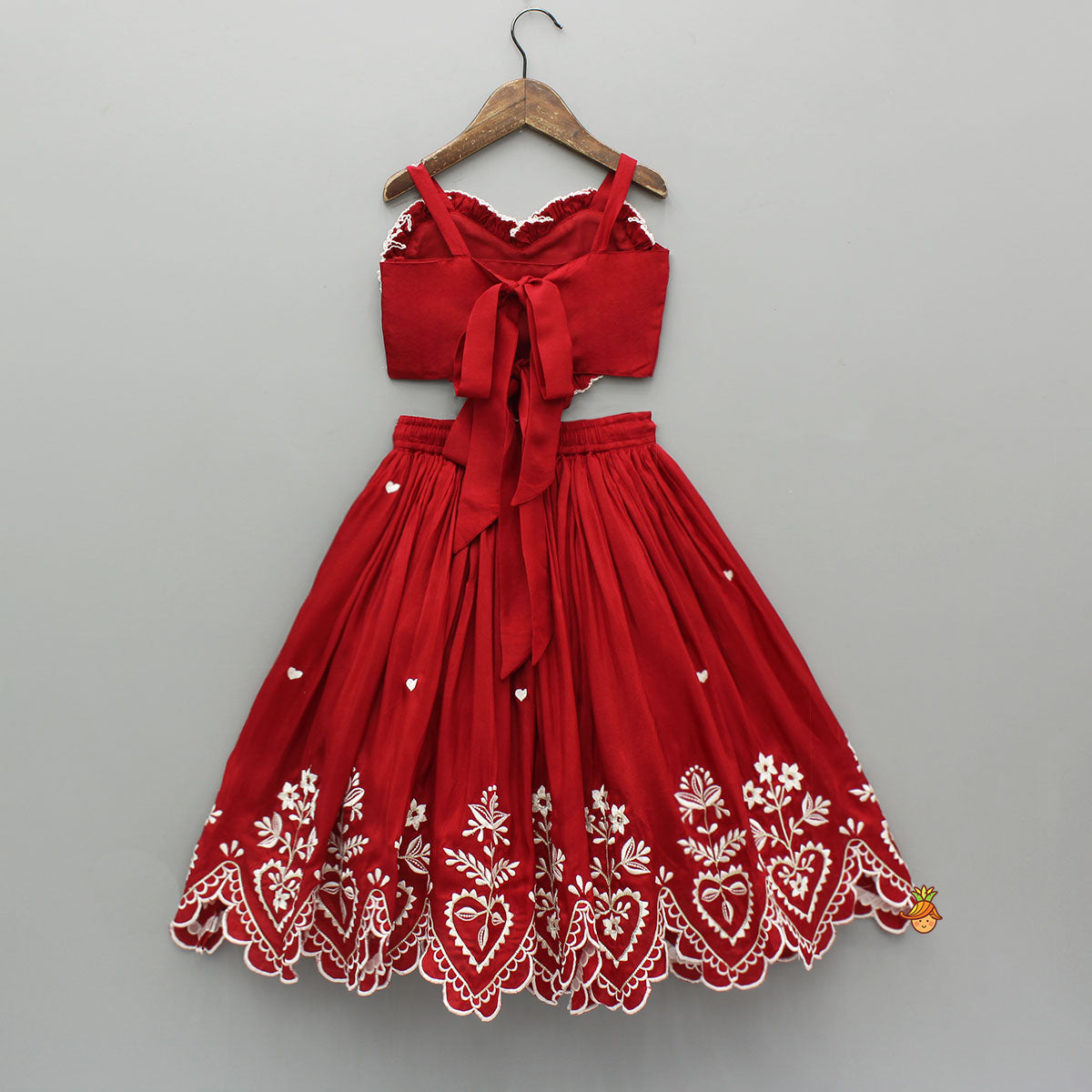 Pre Order: Red Embroidered Heart Shaped Stylish Top And Lehenga