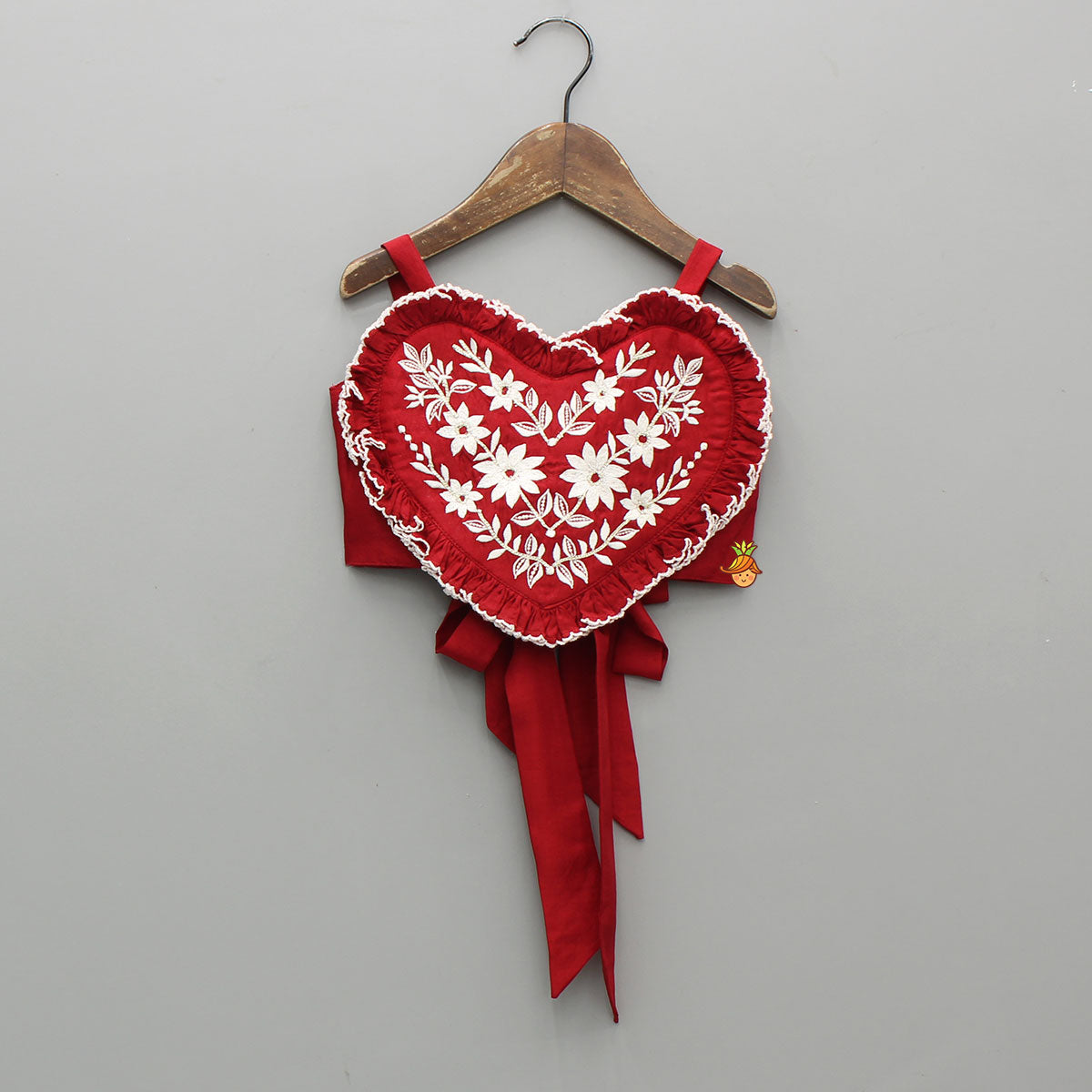Pre Order: Red Embroidered Heart Shaped Stylish Top And Lehenga