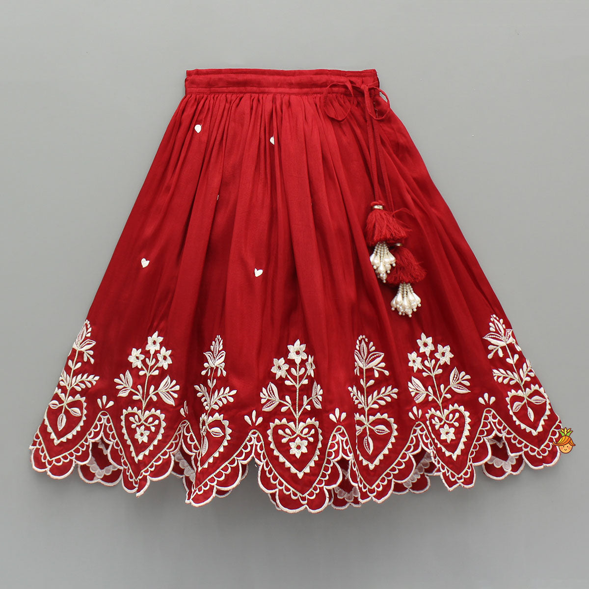 Pre Order: Red Embroidered Heart Shaped Stylish Top And Lehenga
