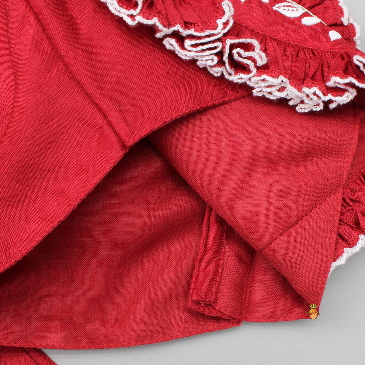 Pre Order: Red Embroidered Heart Shaped Stylish Top And Lehenga