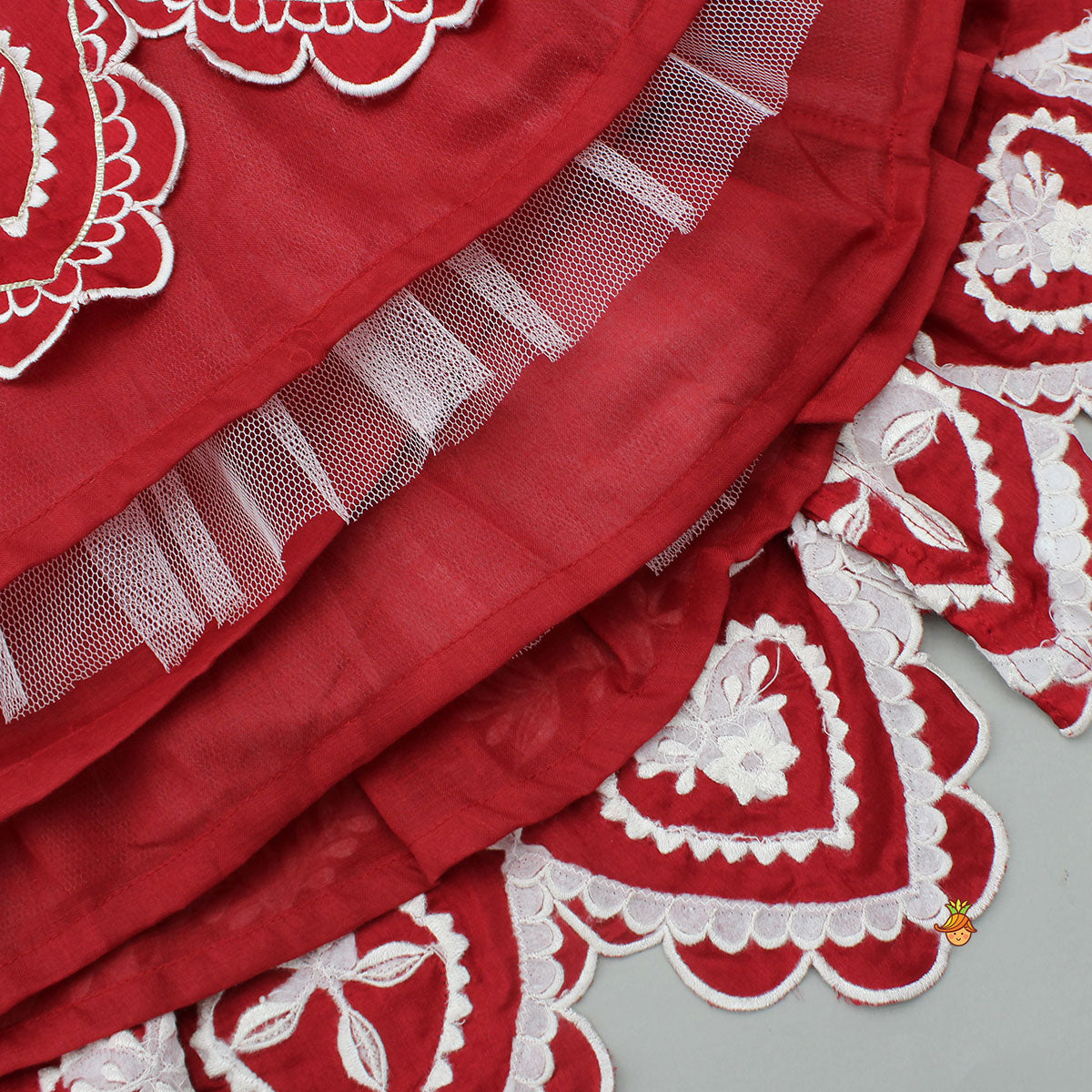 Pre Order: Red Embroidered Heart Shaped Stylish Top And Lehenga