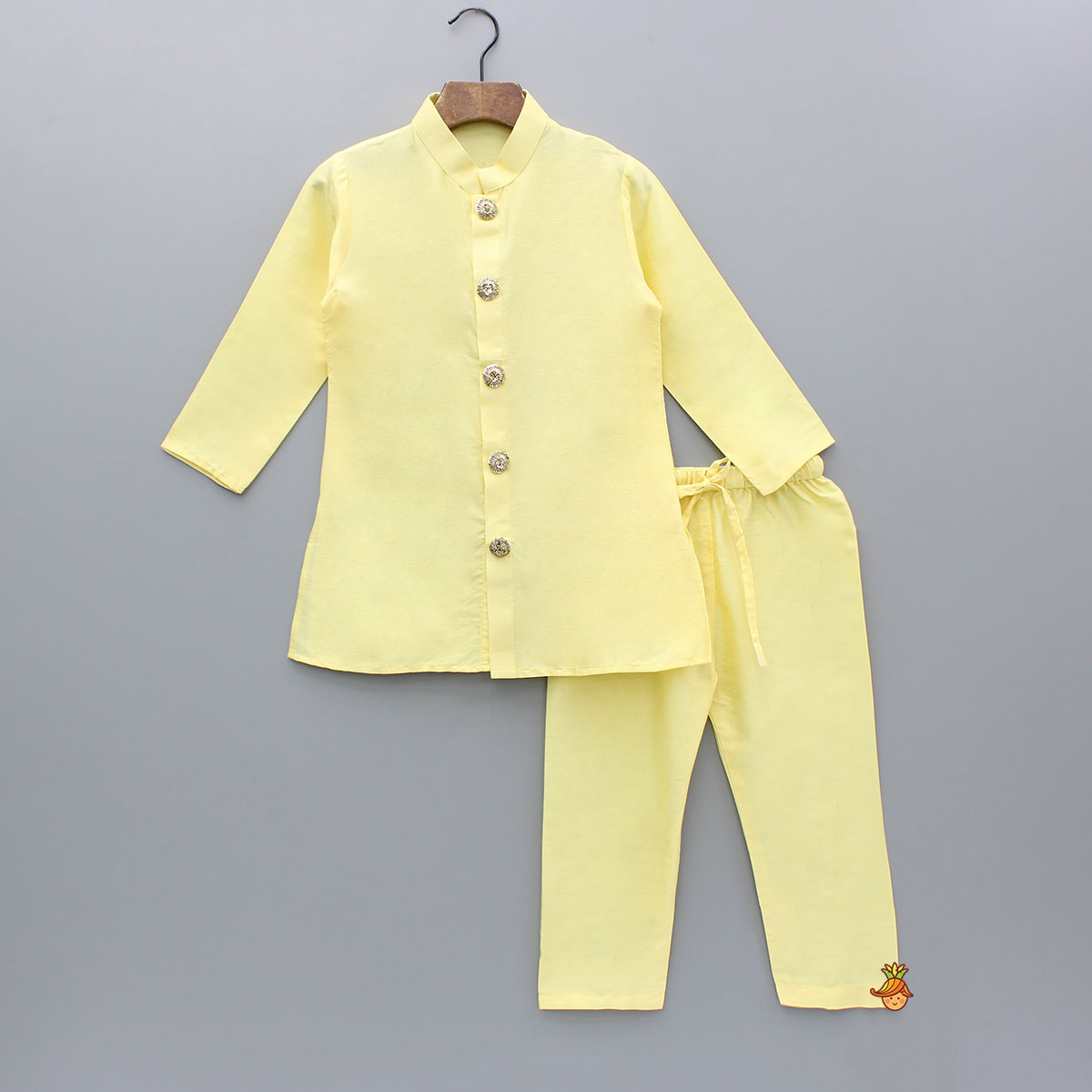 Pre Order: Yellow Kurta And Floral Embroidered Jacket With Pyjama