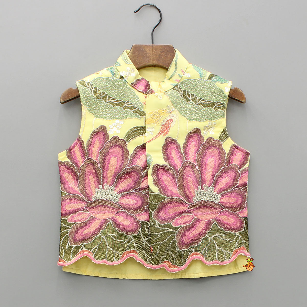 Pre Order: Yellow Kurta And Floral Embroidered Jacket With Pyjama