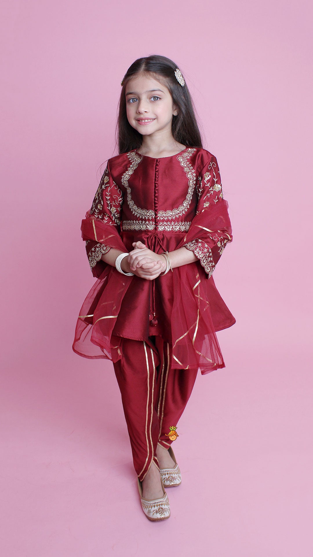 Pre Order: Maroon Embroidered Kurti And Tulip Dhoti