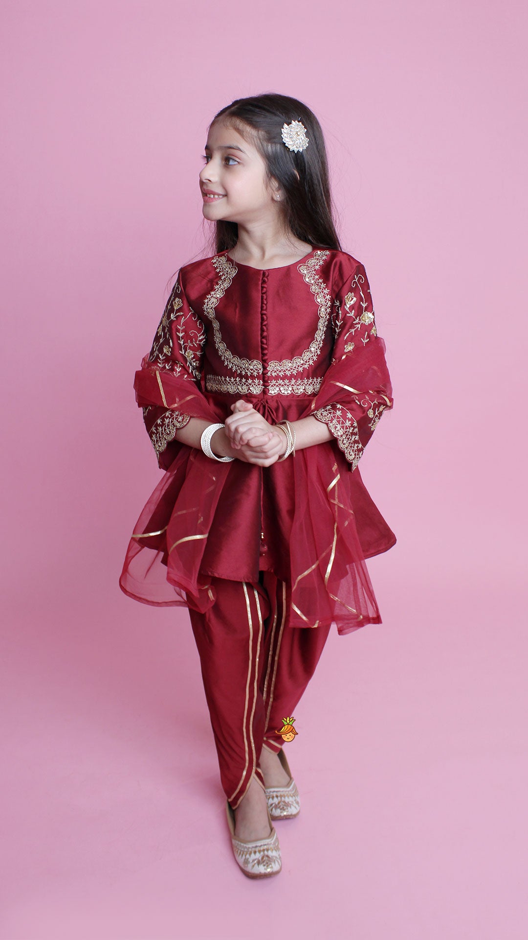 Pre Order: Maroon Embroidered Kurti And Tulip Dhoti