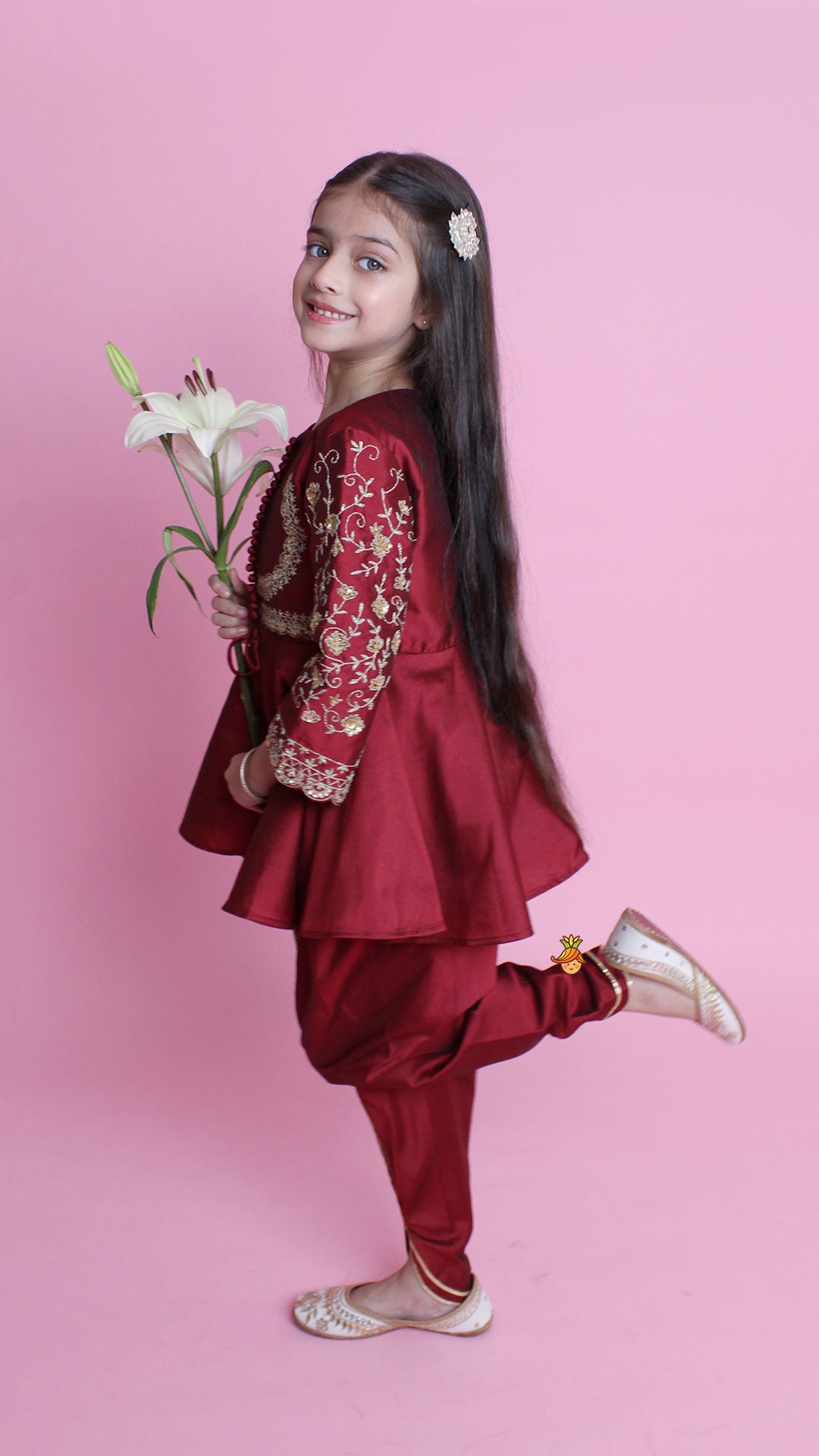 Pre Order: Maroon Embroidered Kurti And Tulip Dhoti