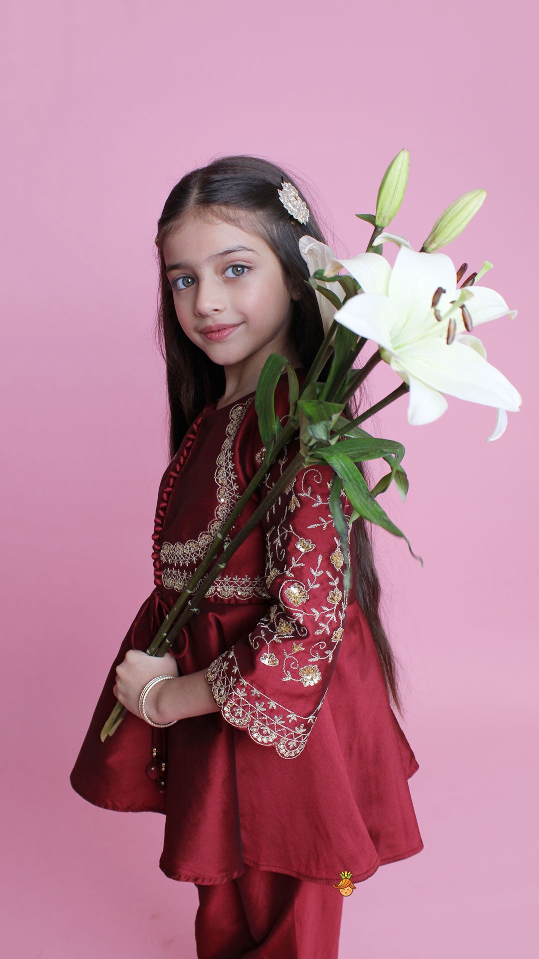 Pre Order: Maroon Embroidered Kurti And Tulip Dhoti